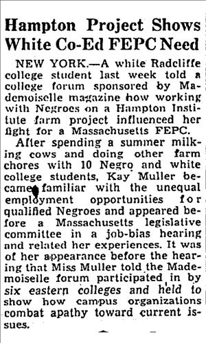 Newspaper clipping about Kay Muller learning about racism at the Hampton Institute. 